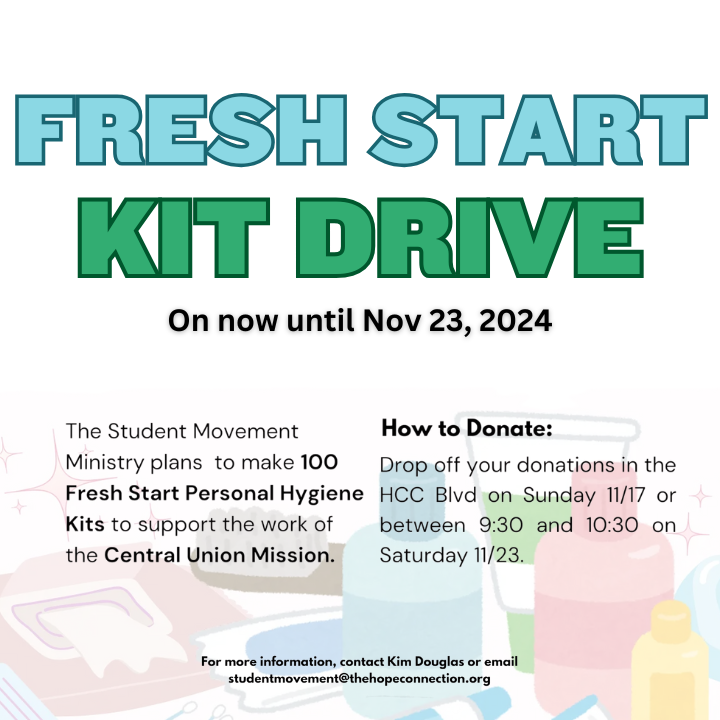 Student Movement Ministry

Fresh Start Kit Drive

November 23, 2024

 

 
